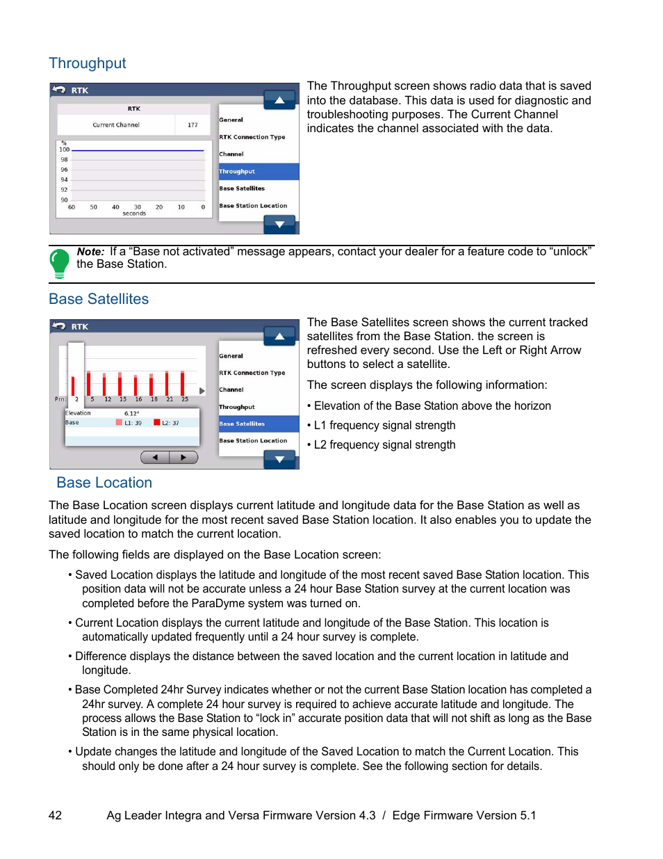 Throughput, Base satellites, Base location | Throughput base satellites base location | Ag Leader ParaDyme Operation Guide User Manual | Page 44 / 66