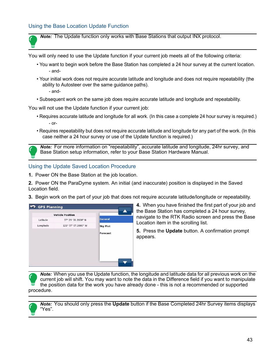 Using the base location update function, Using the update saved location procedure | Ag Leader ParaDyme Operation Guide User Manual | Page 45 / 66