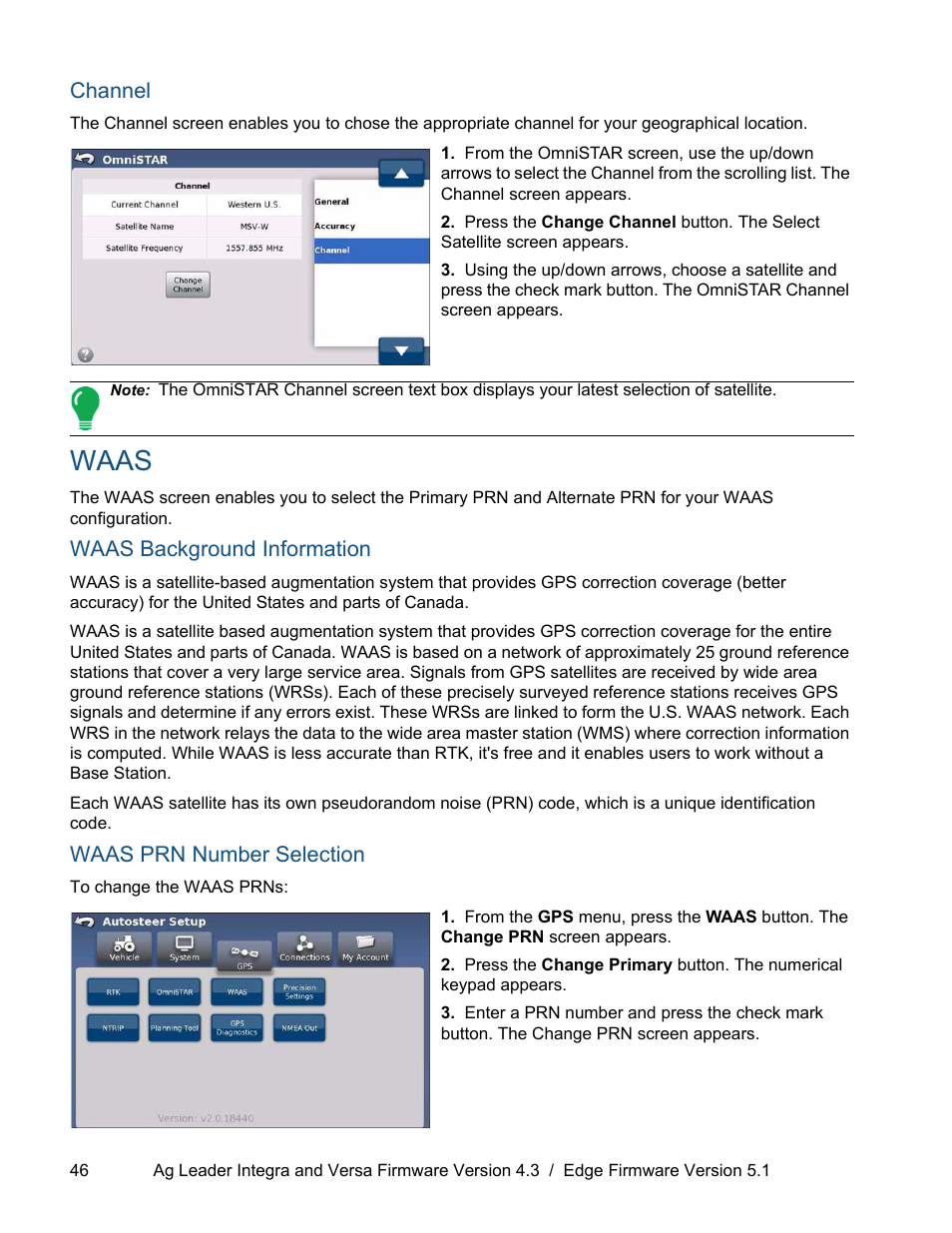 Channel, Waas, Waas background information | Waas prn number selection | Ag Leader ParaDyme Operation Guide User Manual | Page 48 / 66