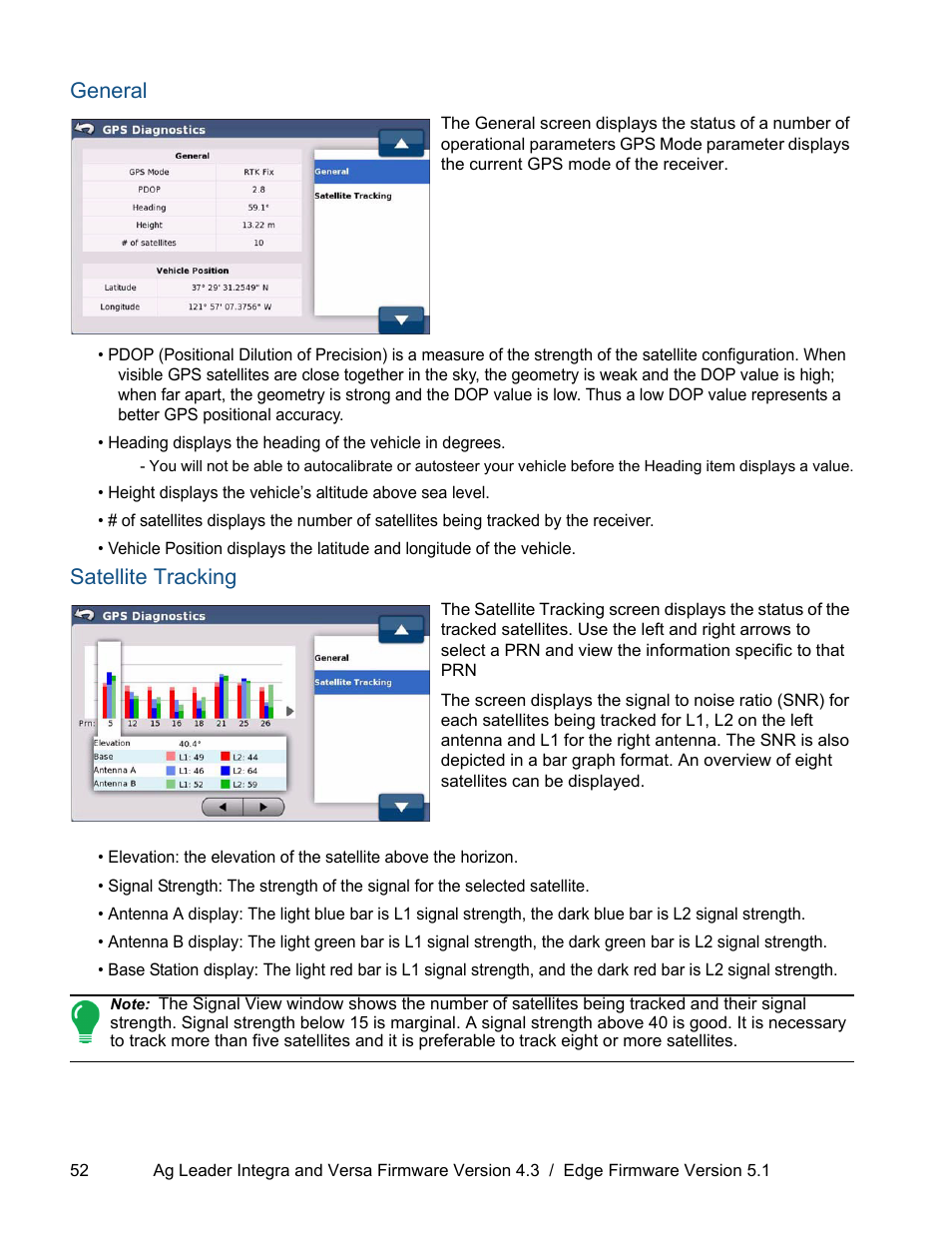 General, Satellite tracking, General satellite tracking | Ag Leader ParaDyme Operation Guide User Manual | Page 54 / 66