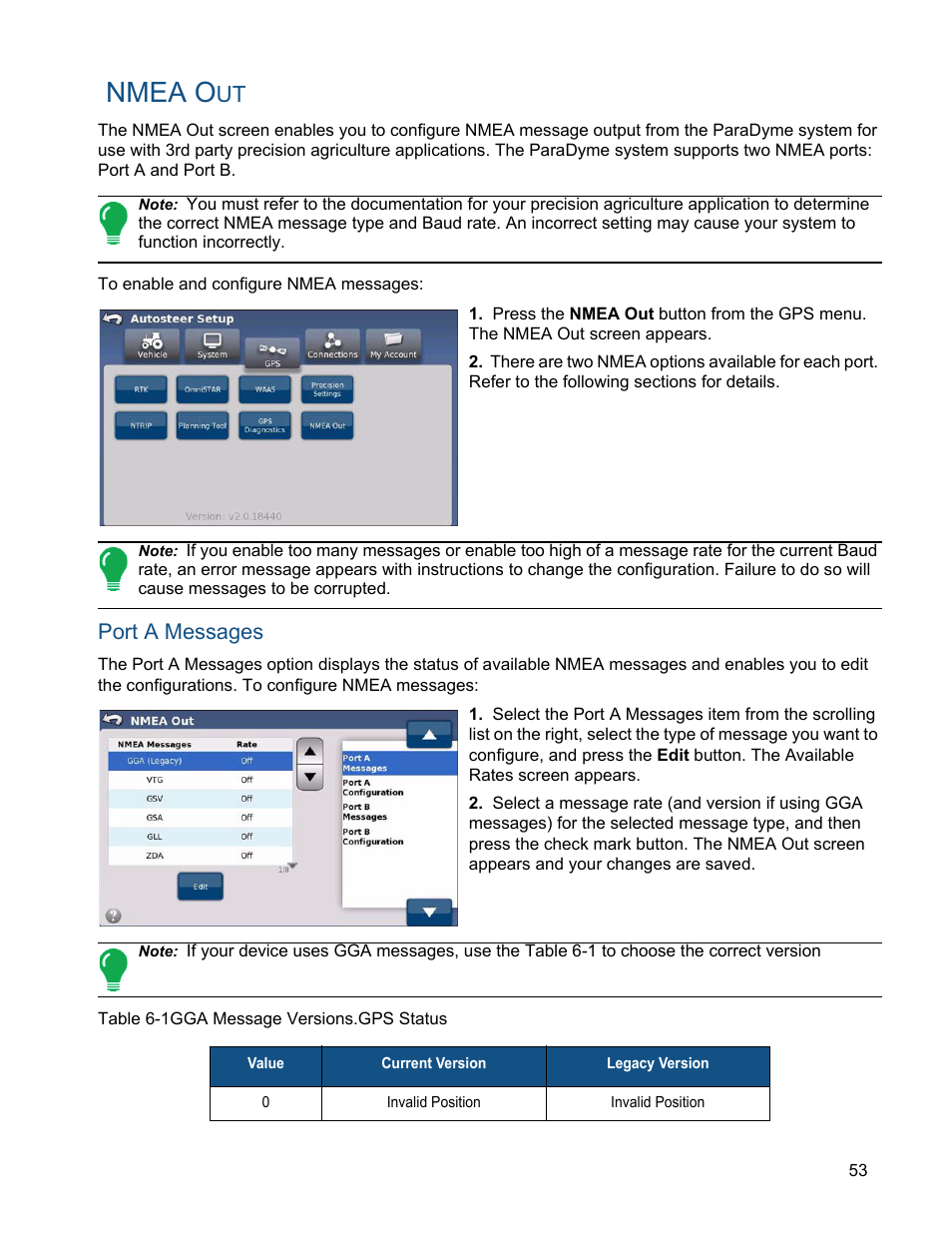 Nmea out, Port a messages, Nmea o | Ag Leader ParaDyme Operation Guide User Manual | Page 55 / 66
