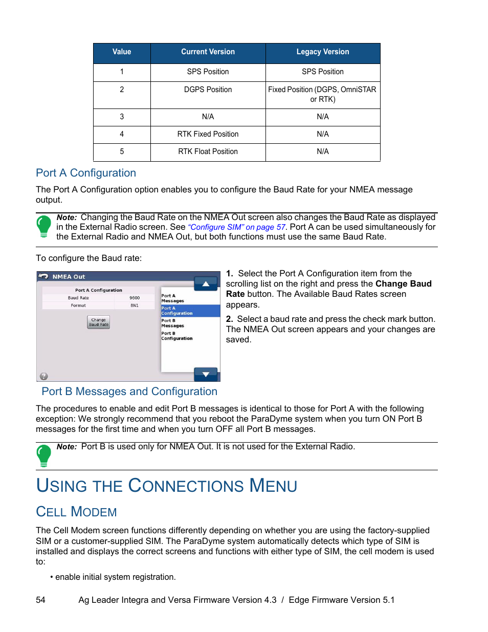 Port a configuration, Port b messages and configuration, Using the connections menu | Cell modem, Sing, Onnections | Ag Leader ParaDyme Operation Guide User Manual | Page 56 / 66