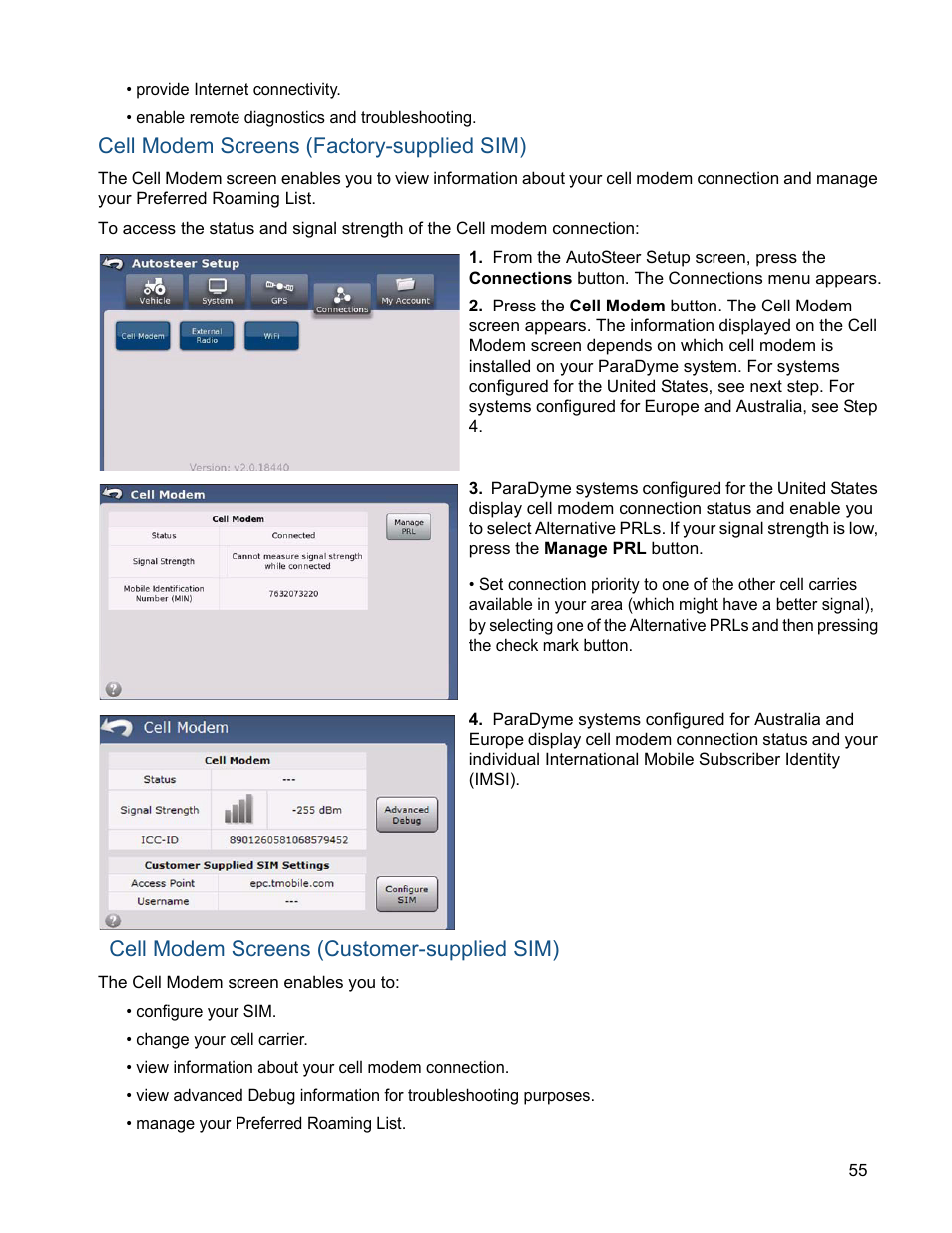 Cell modem screens (factory-supplied sim), Cell modem screens (customer-supplied sim) | Ag Leader ParaDyme Operation Guide User Manual | Page 57 / 66