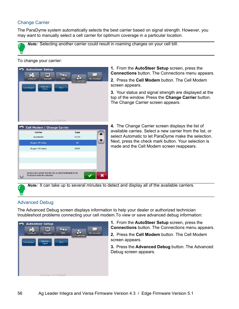 Change carrier, Advanced debug, Change carrier advanced debug | Ag Leader ParaDyme Operation Guide User Manual | Page 58 / 66