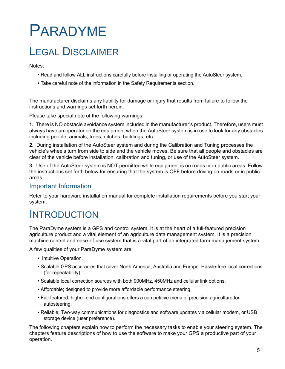 Paradyme, Legal disclaimer, Important information | Introduction, Aradyme, Egal, Isclaimer, Ntroduction | Ag Leader ParaDyme Operation Guide User Manual | Page 7 / 66