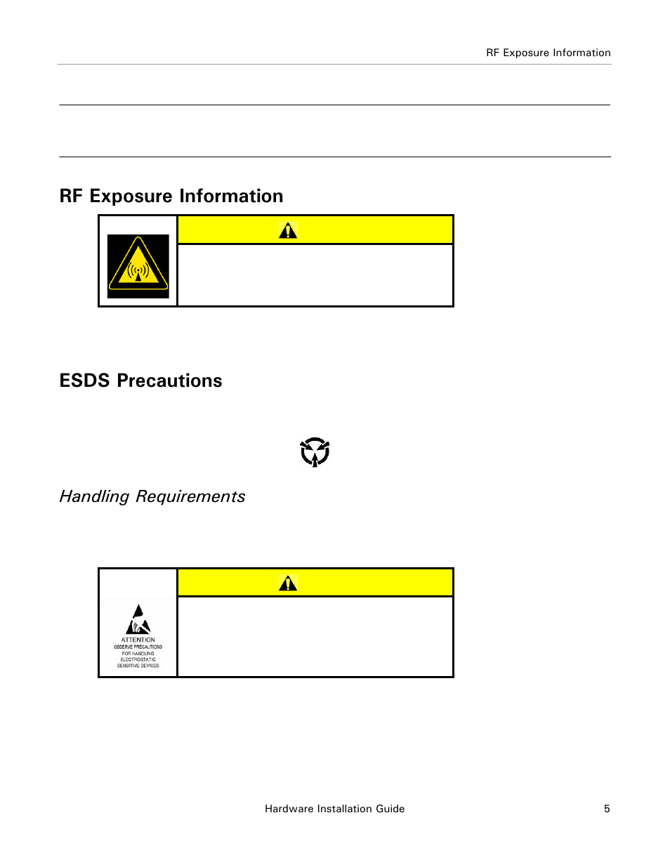 Rf exposure information, Esds precautions, Handling requirements | Caution | Ag Leader ParaDyme Radio Option Kits Hardware Installation Guide User Manual | Page 11 / 54