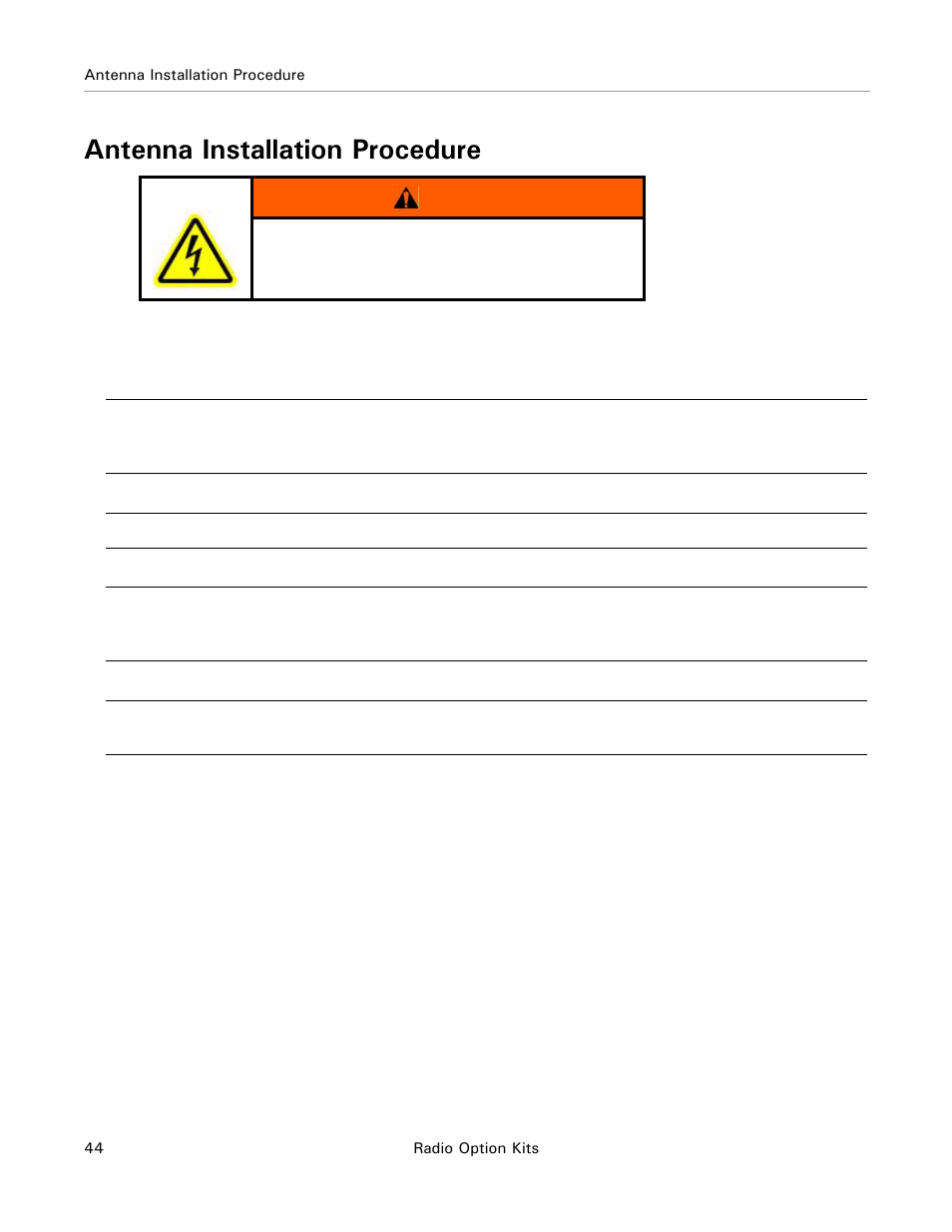 Antenna installation procedure, Warning | Ag Leader ParaDyme Radio Option Kits Hardware Installation Guide User Manual | Page 50 / 54