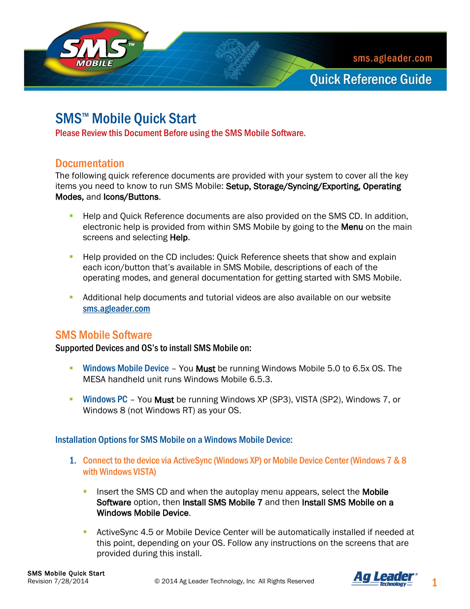 Mobile quick start, Documentation, Sms mobile software | Ag Leader SMS Mobile Quick Start Guide User Manual | Page 2 / 5