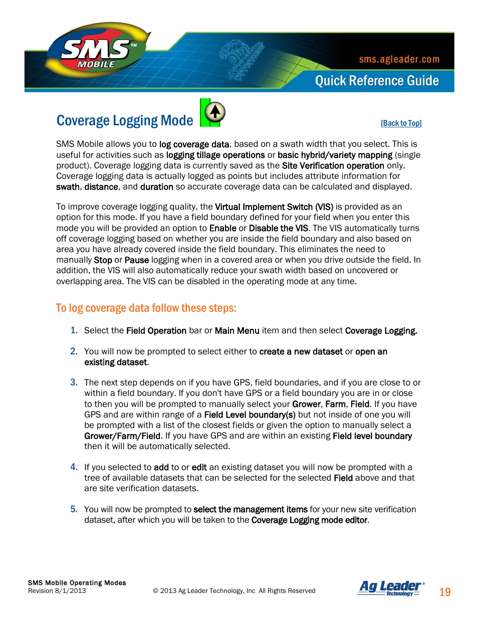 Coverage logging mode | Ag Leader SMS Mobile Operating Modes Quick Start Guide User Manual | Page 20 / 27