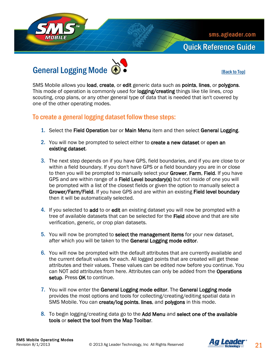 General logging mode | Ag Leader SMS Mobile Operating Modes Quick Start Guide User Manual | Page 22 / 27