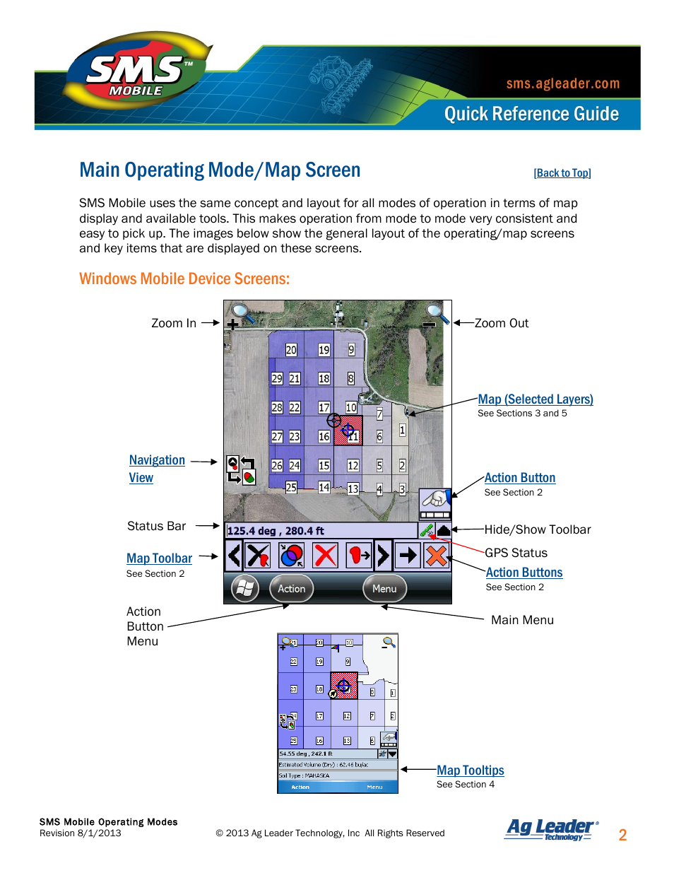 Main operating mode/map screen, Windows mobile device screens | Ag Leader SMS Mobile Operating Modes Quick Start Guide User Manual | Page 3 / 27