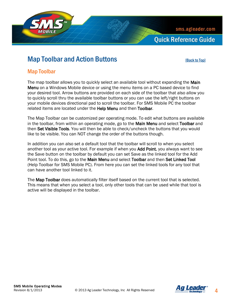 Map toolbar and action buttons, Map toolbar | Ag Leader SMS Mobile Operating Modes Quick Start Guide User Manual | Page 5 / 27