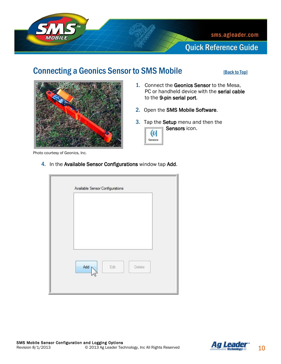 Connecting a geonics em38/b/dd/mk2 sensor, Connecting a geonics sensor to sms mobile | Ag Leader SMS Mobile Sensors Quick Start Guide User Manual | Page 11 / 38