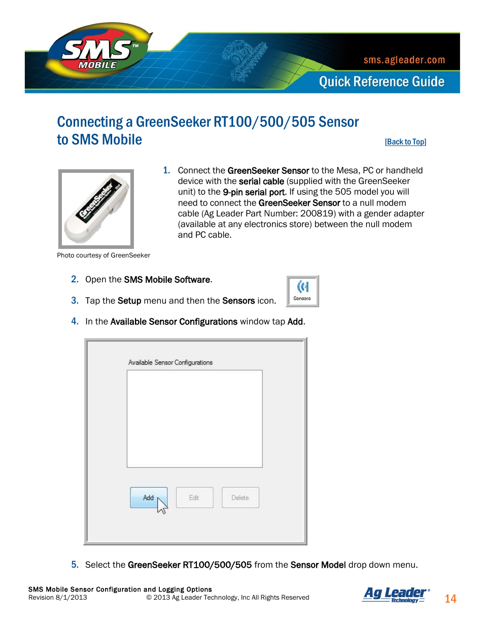 Connecting a greenseeker rt100/500/505 sensor | Ag Leader SMS Mobile Sensors Quick Start Guide User Manual | Page 15 / 38