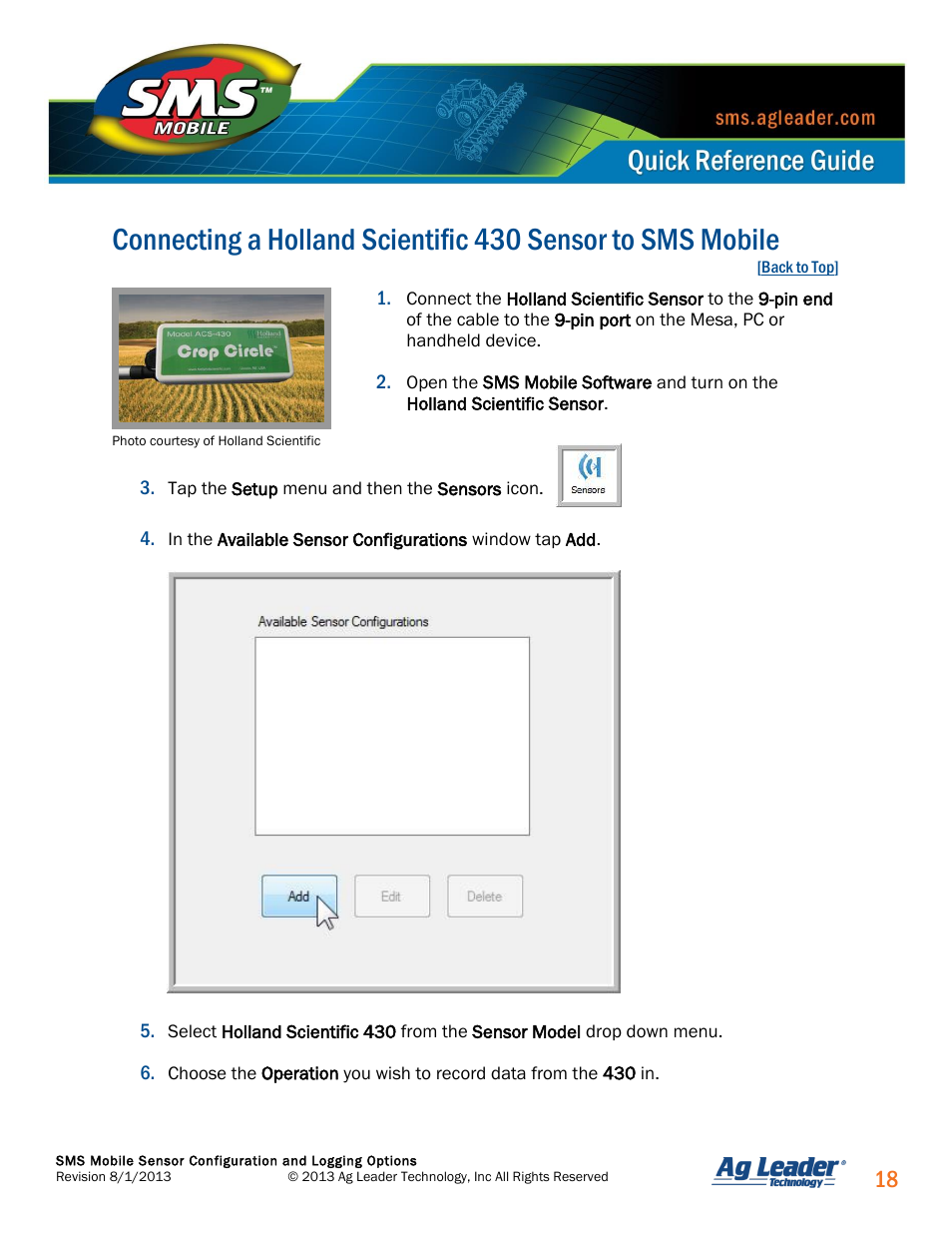 Connecting a holland scientific 430 sensor | Ag Leader SMS Mobile Sensors Quick Start Guide User Manual | Page 19 / 38