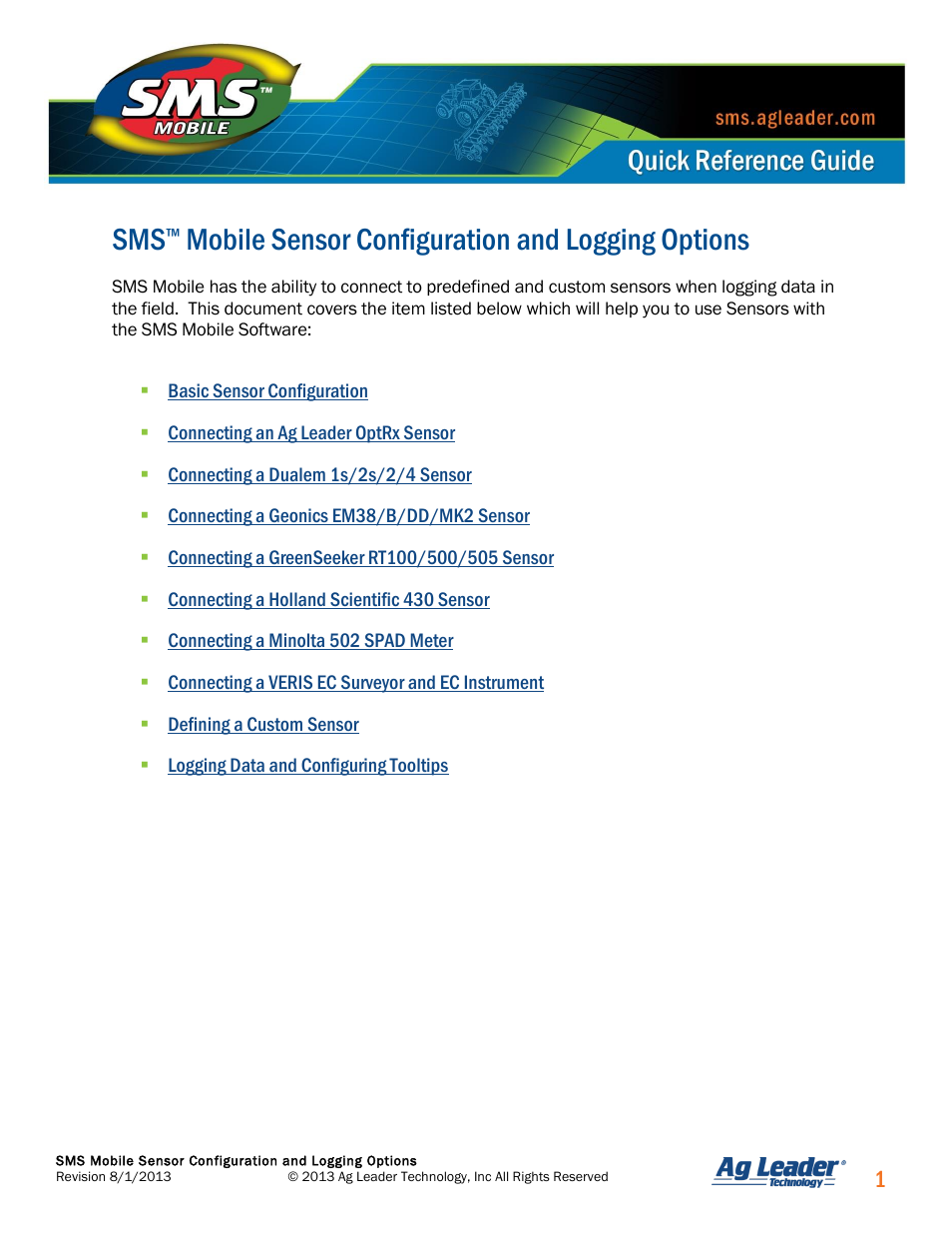 Mobile sensor configuration and logging options | Ag Leader SMS Mobile Sensors Quick Start Guide User Manual | Page 2 / 38