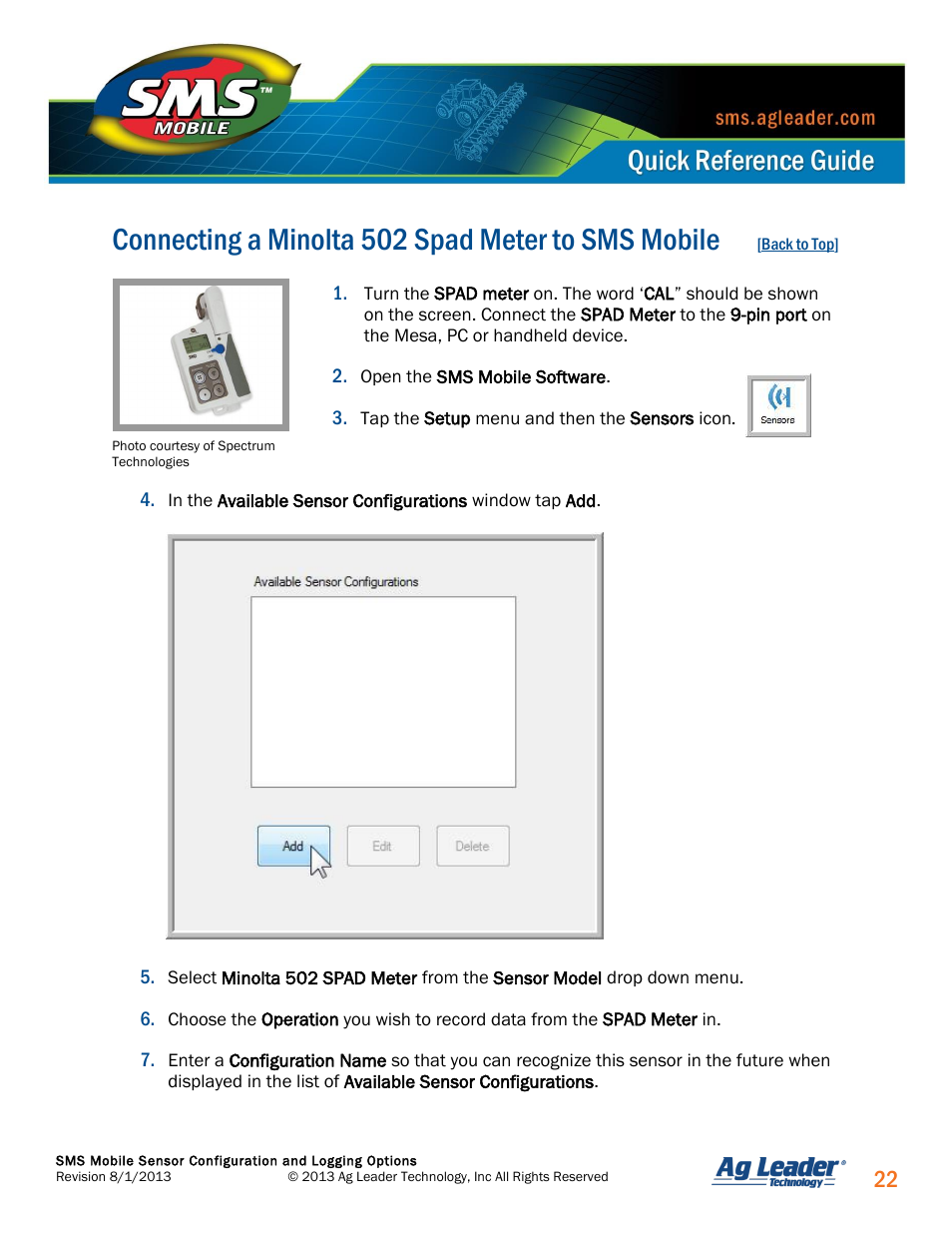 Connecting a minolta 502 spad meter, Connecting a minolta 502 spad meter to sms mobile | Ag Leader SMS Mobile Sensors Quick Start Guide User Manual | Page 23 / 38