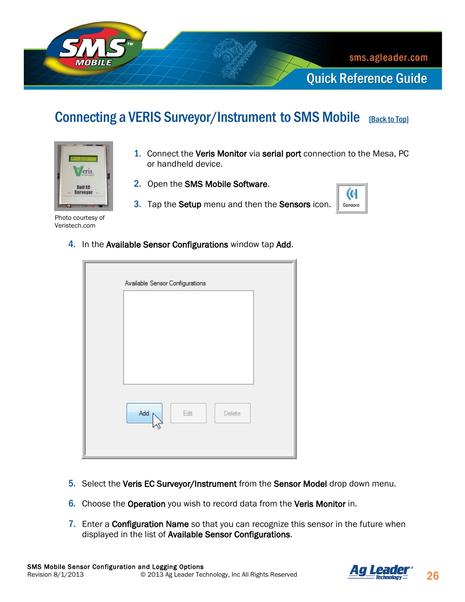 Connecting a veris ec surveyor and ec instrument | Ag Leader SMS Mobile Sensors Quick Start Guide User Manual | Page 27 / 38