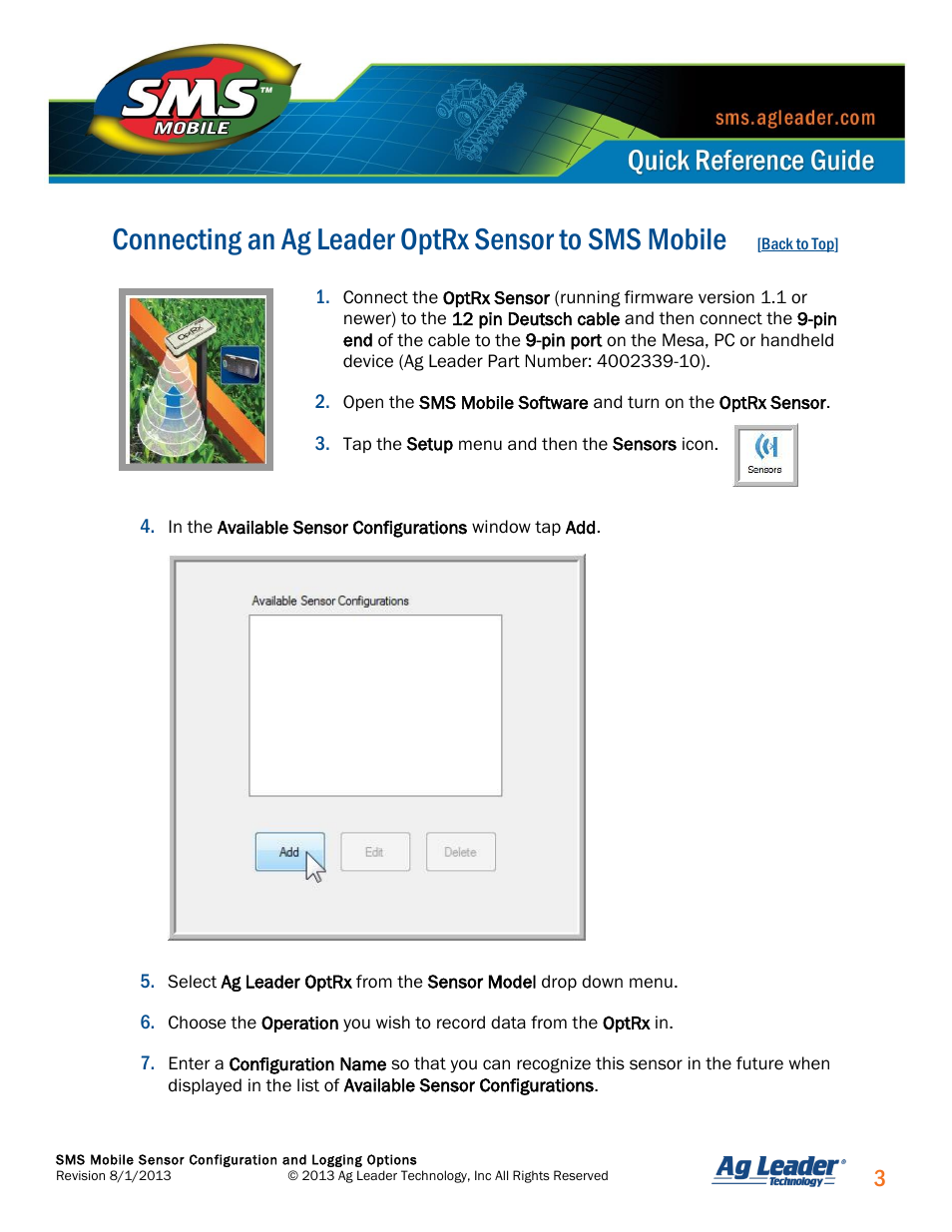 Connecting an ag leader optrx sensor, Connecting an ag leader optrx sensor to sms mobile | Ag Leader SMS Mobile Sensors Quick Start Guide User Manual | Page 4 / 38