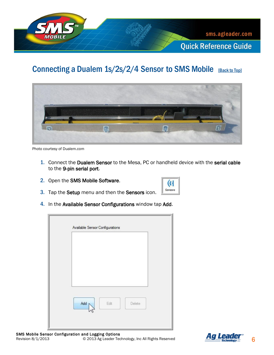 Connecting a dualem 1s/2s/2/4 sensor, Connecting a dualem 1s/2s/2/4 sensor to sms mobile | Ag Leader SMS Mobile Sensors Quick Start Guide User Manual | Page 7 / 38