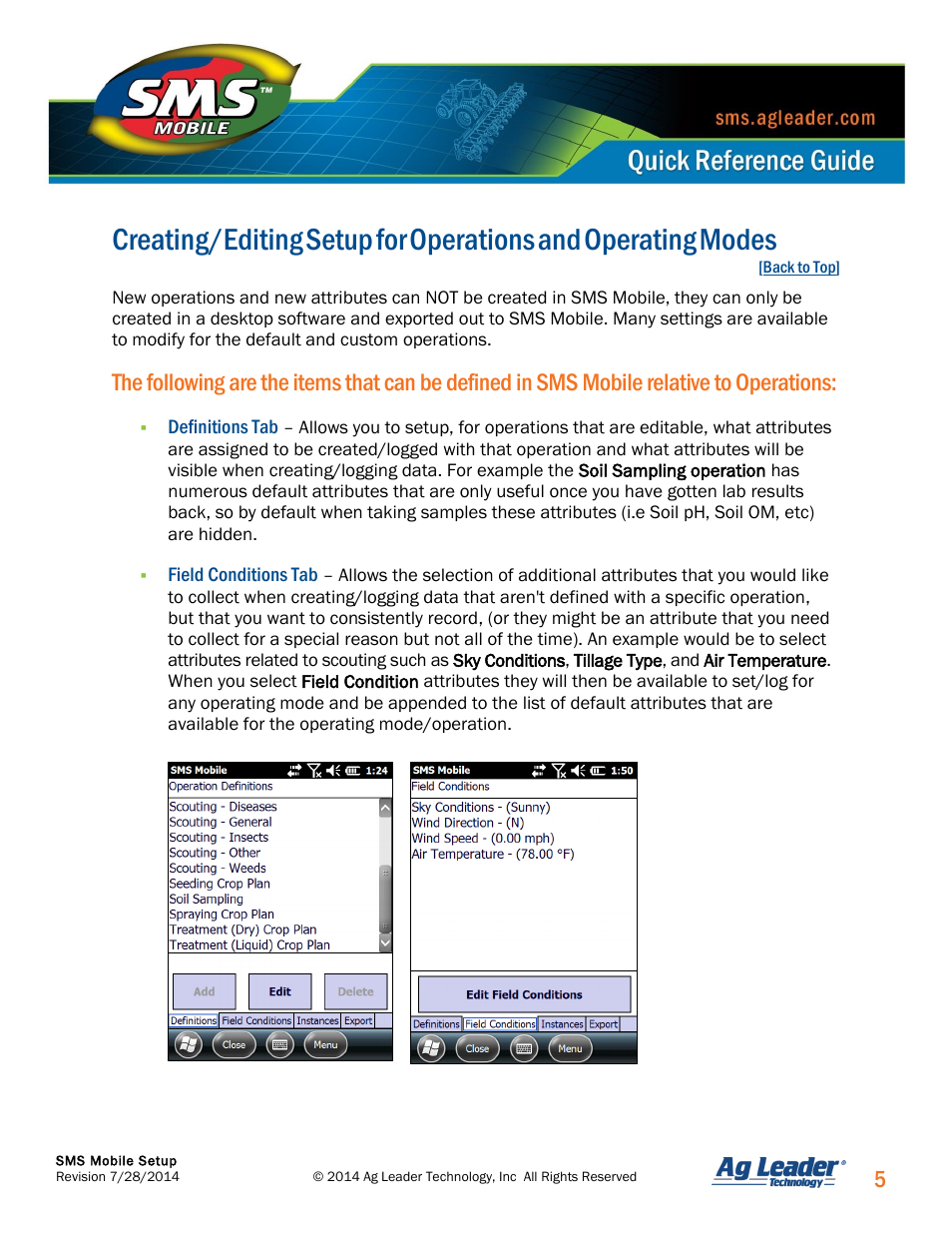 Creating/editing, Setup, Operations | Operating, Modes | Ag Leader SMS Mobile Setup Quick Start Guide User Manual | Page 6 / 7