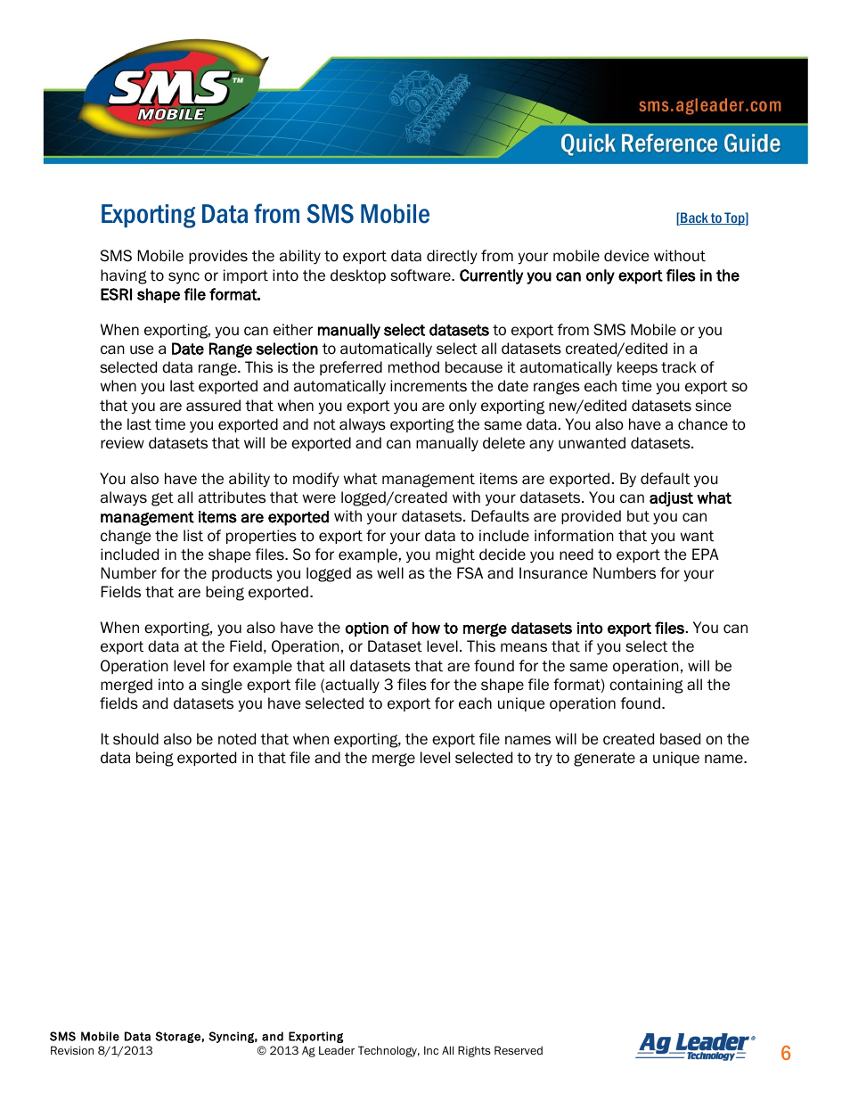 Exporting data from sms mobile | Ag Leader SMS Mobile Data Storage, Syncing, Exporting Quick Start Guide User Manual | Page 7 / 10