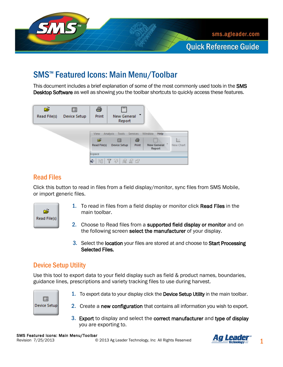 Featured icons: main menu/toolbar | Ag Leader SMS Featured Icons: Main Menu/Toolbar Quick Reference Guide User Manual | Page 2 / 3