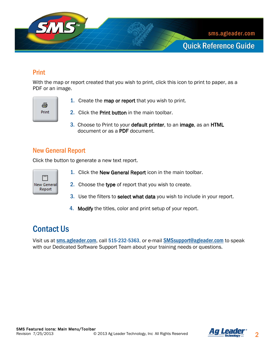 Contact us, 2print, New general report | Ag Leader SMS Featured Icons: Main Menu/Toolbar Quick Reference Guide User Manual | Page 3 / 3