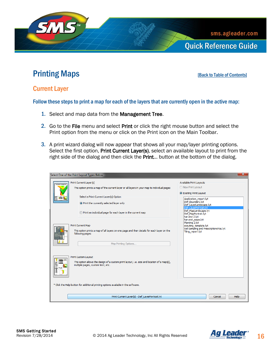 Printing maps, Current layer | Ag Leader SMS Basic and SMS Advanced Getting Started Guide User Manual | Page 17 / 66