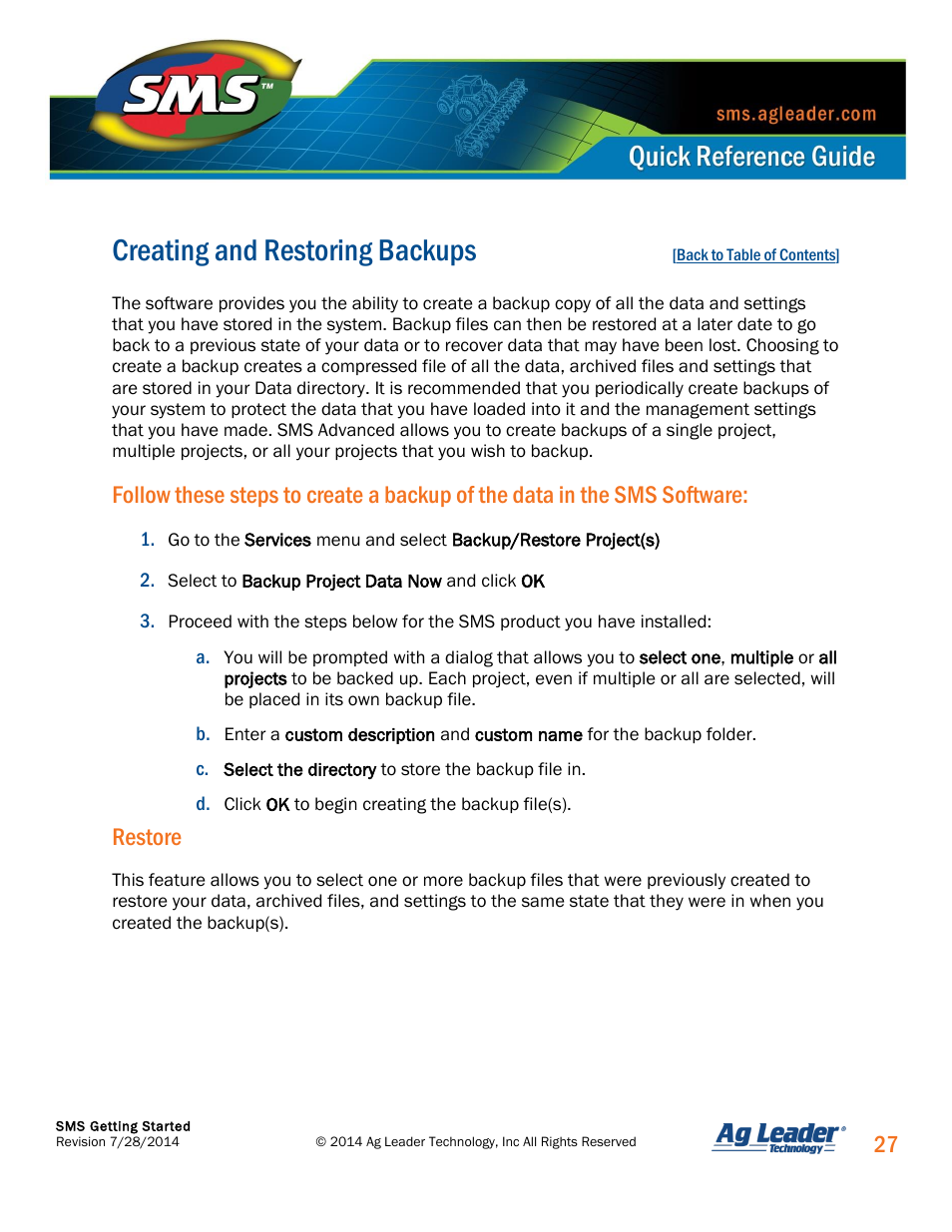 Creating and restoring backups | Ag Leader SMS Basic and SMS Advanced Getting Started Guide User Manual | Page 28 / 66