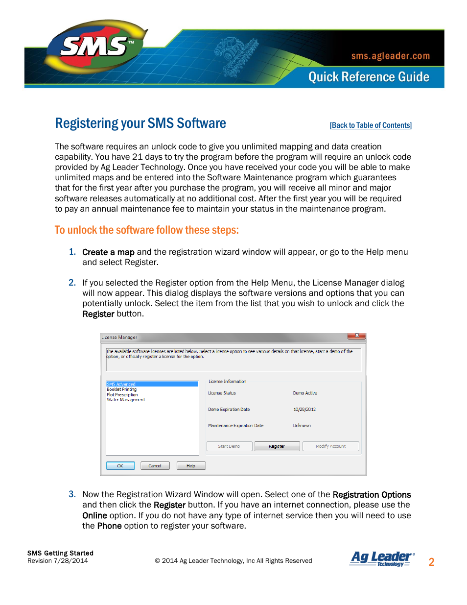 Registering your sms software | Ag Leader SMS Basic and SMS Advanced Getting Started Guide User Manual | Page 3 / 66