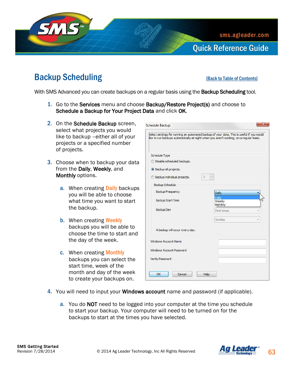 Backup scheduling | Ag Leader SMS Basic and SMS Advanced Getting Started Guide User Manual | Page 64 / 66