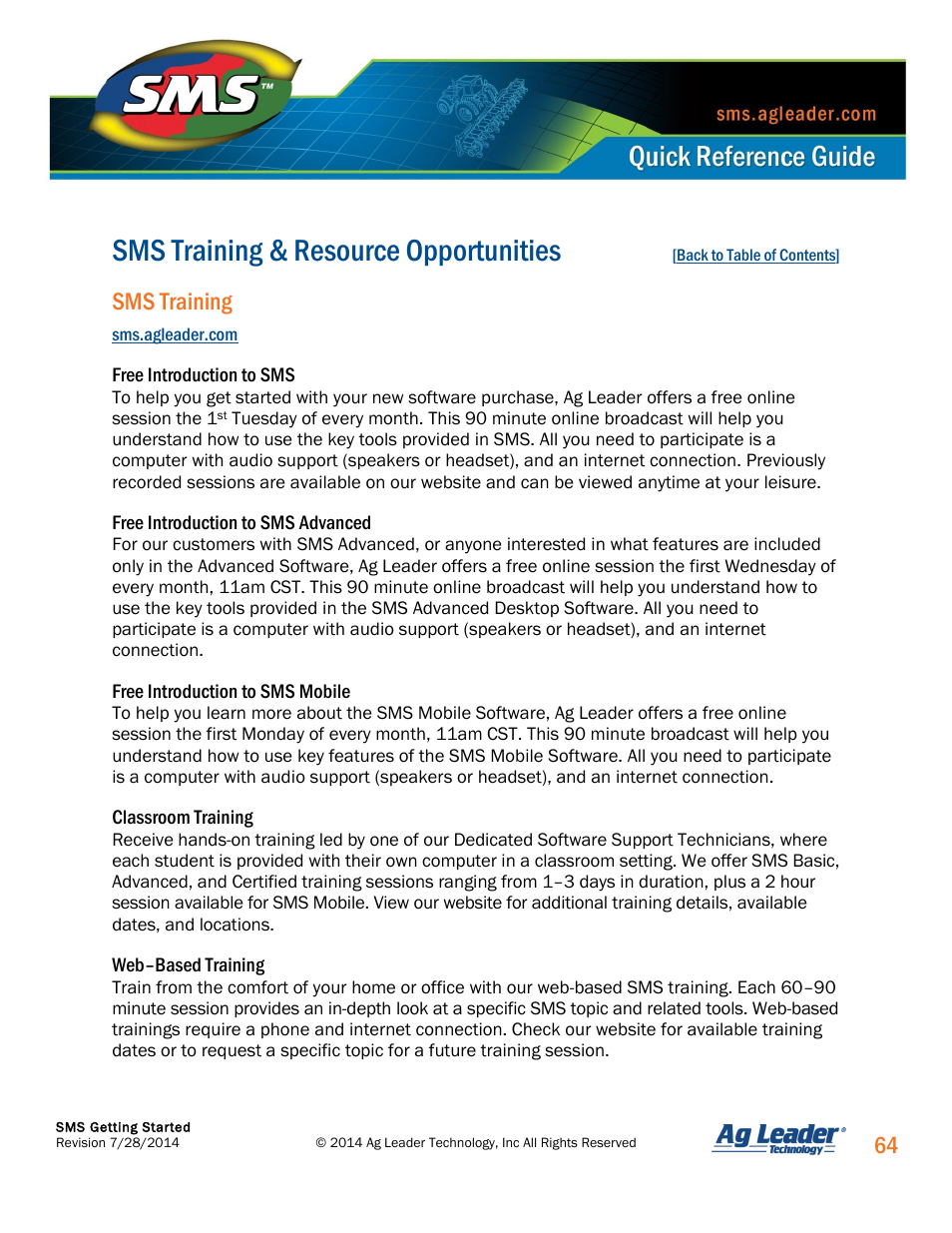 Sms training opportunities, Sms training & resource opportunities, Sms training | Ag Leader SMS Basic and SMS Advanced Getting Started Guide User Manual | Page 65 / 66