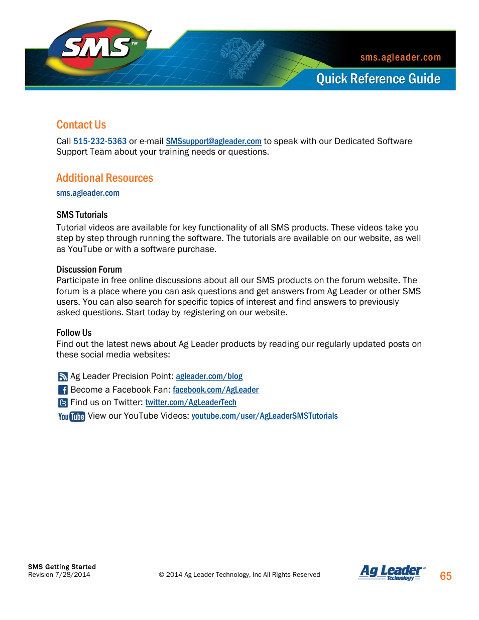 65 contact us, Additional resources | Ag Leader SMS Basic and SMS Advanced Getting Started Guide User Manual | Page 66 / 66