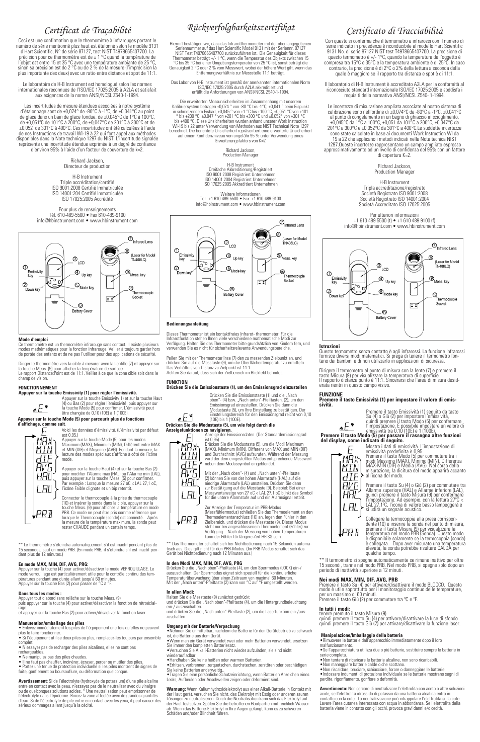 Rückverfolgbarkeitszertifikat, Certificato di tracciabilità, Certificat de traçabilité | H-B Instrument 925 User Manual | Page 2 / 2