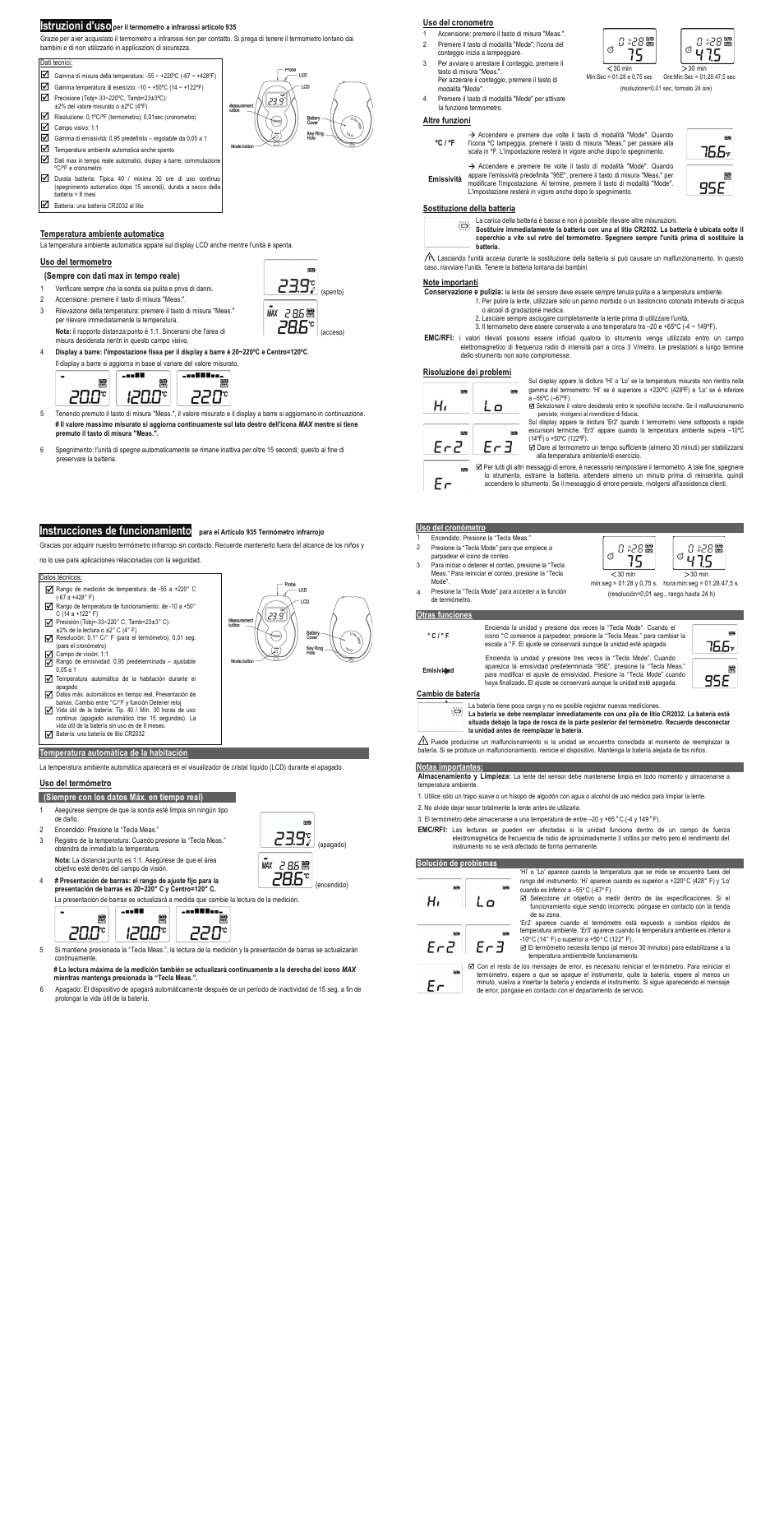 Instrucciones de funcionamiento, Istruzioni d'uso | H-B Instrument 935 User Manual | Page 2 / 2