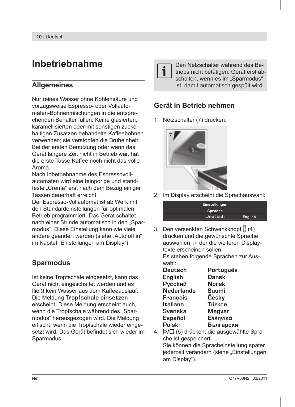 Inbetriebnahme, Allgemeines, Sparmodus | Gerät in betrieb nehmen | Neff C77V60N2 User Manual | Page 10 / 86