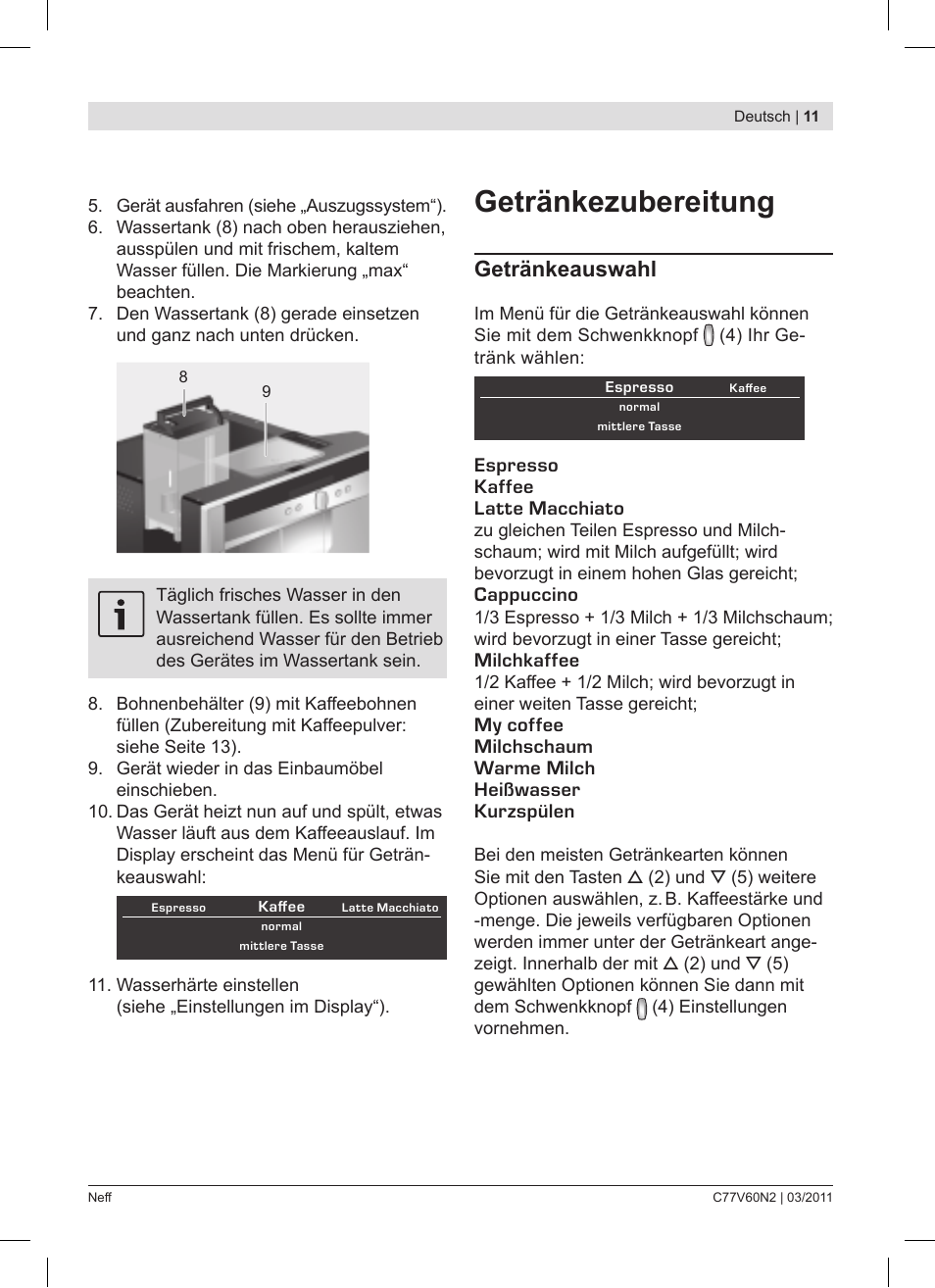 Getränkezubereitung, Getränkeauswahl | Neff C77V60N2 User Manual | Page 11 / 86