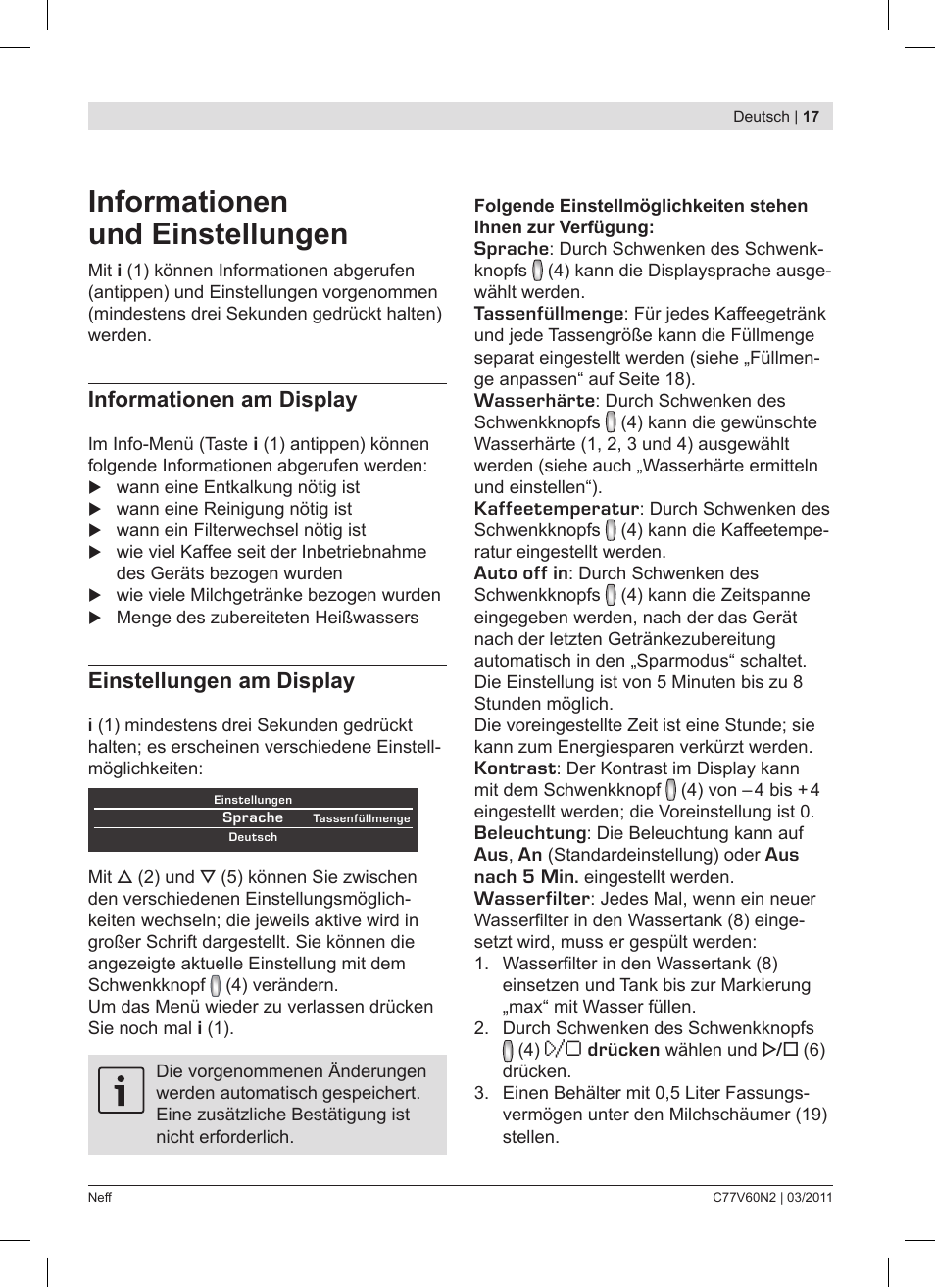 Informationen und einstellungen, Informationen am display, Einstellungen am display | Neff C77V60N2 User Manual | Page 17 / 86