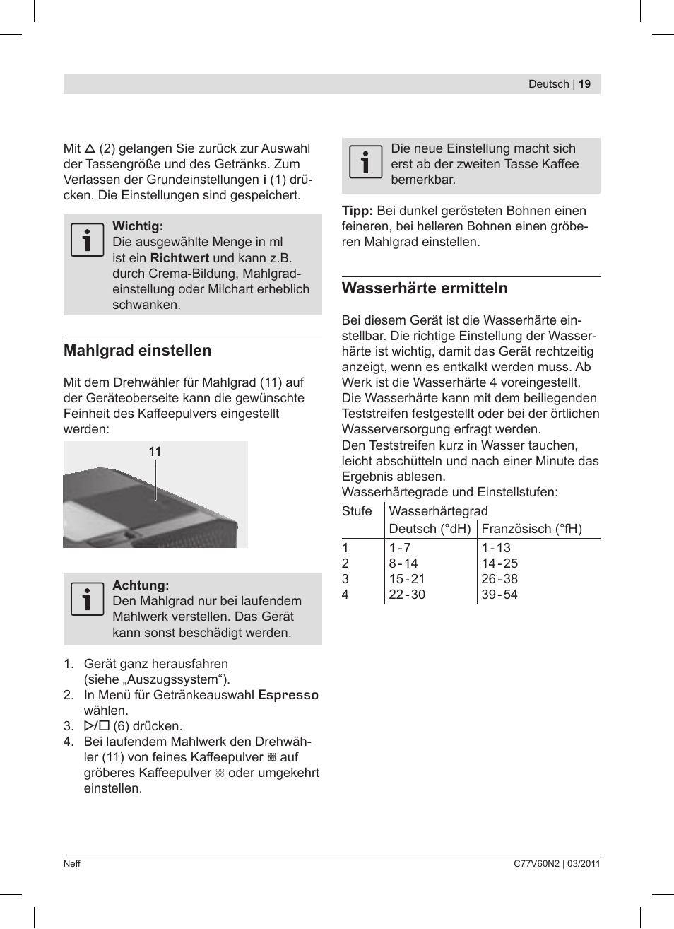 Mahlgrad einstellen, Wasserhärte ermitteln | Neff C77V60N2 User Manual | Page 19 / 86