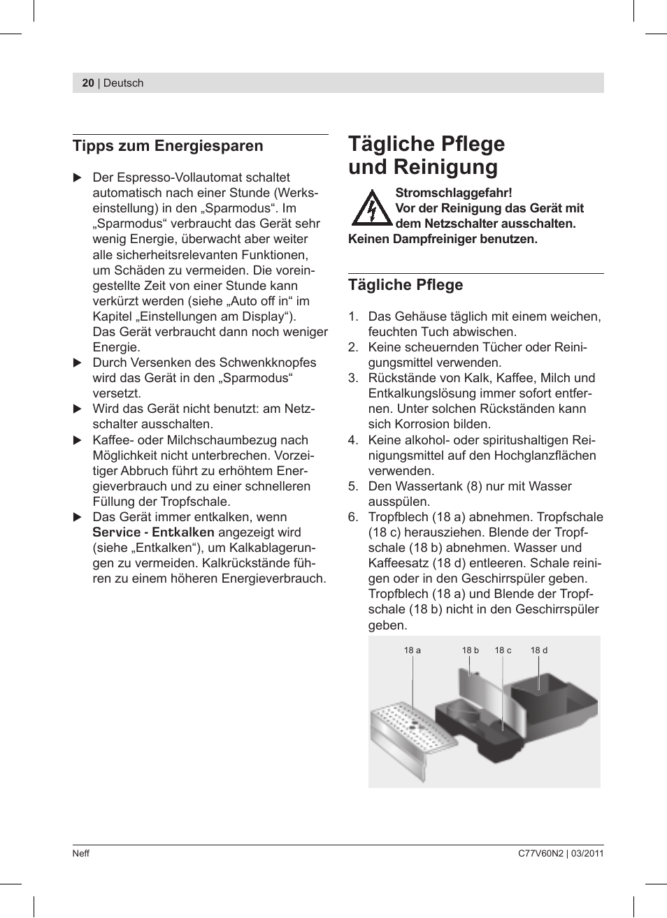 Tägliche pfl ege und reinigung, Tipps zum energiesparen, Tägliche pfl ege | Neff C77V60N2 User Manual | Page 20 / 86