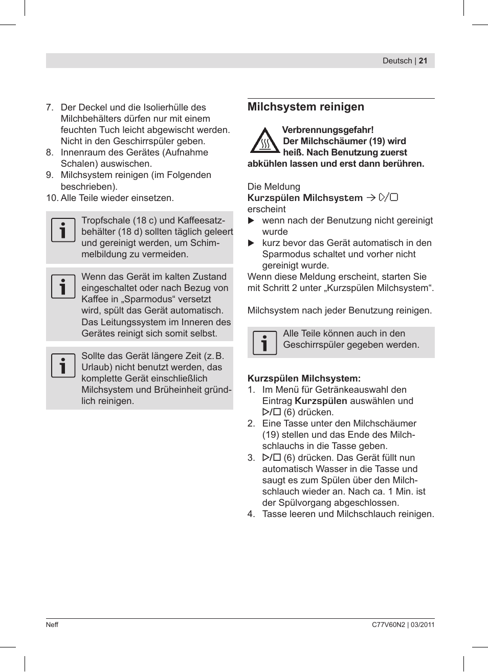 Milchsystem reinigen | Neff C77V60N2 User Manual | Page 21 / 86