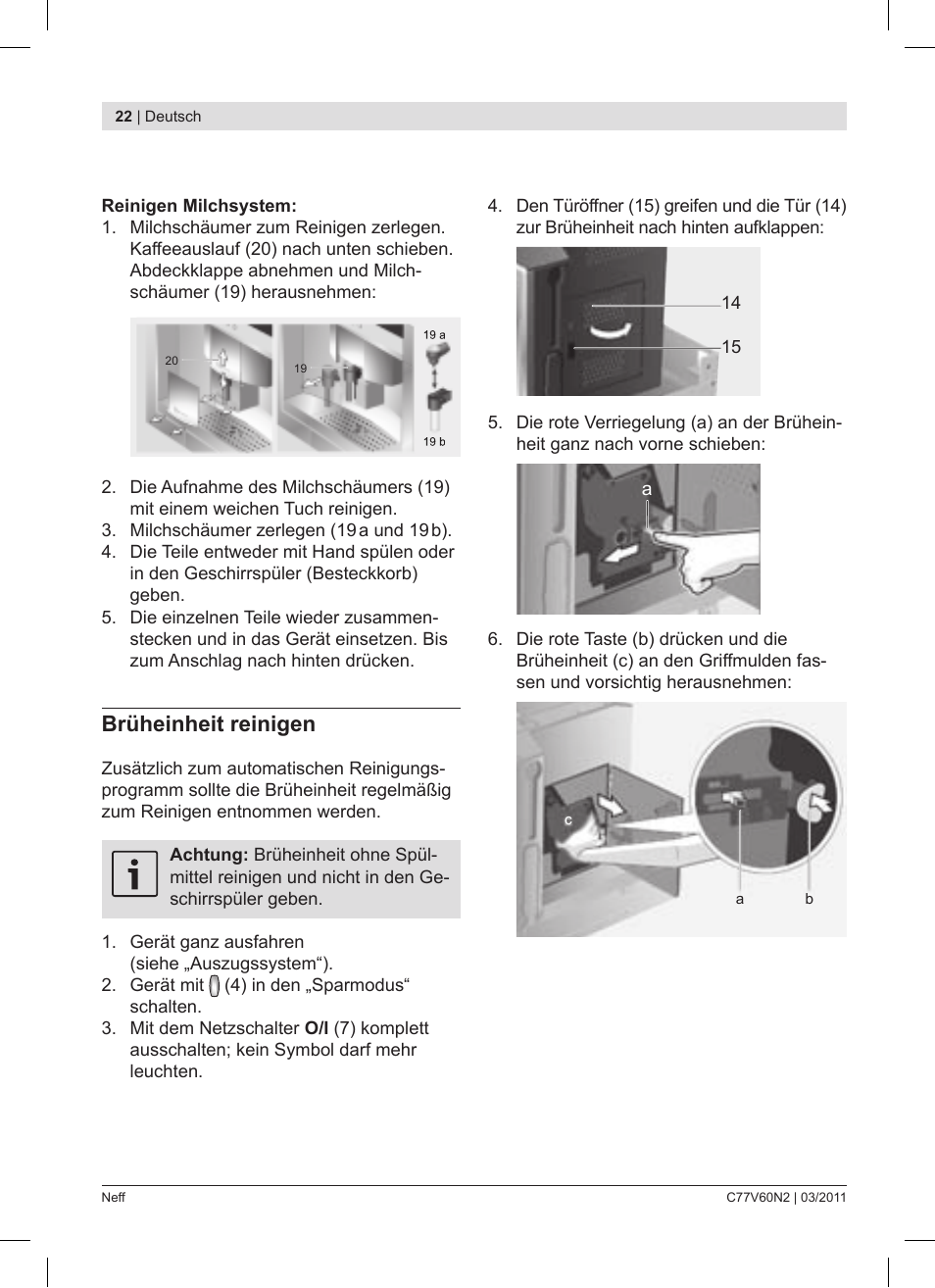 Brüheinheit reinigen | Neff C77V60N2 User Manual | Page 22 / 86