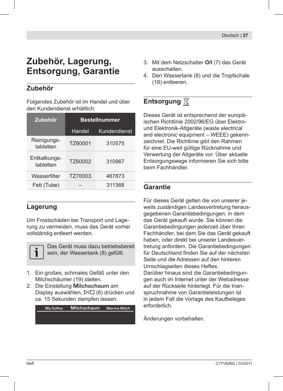 Zubehör, lagerung, entsorgung, garantie, Zubehör, Lagerung | Entsorgung, Garantie | Neff C77V60N2 User Manual | Page 27 / 86