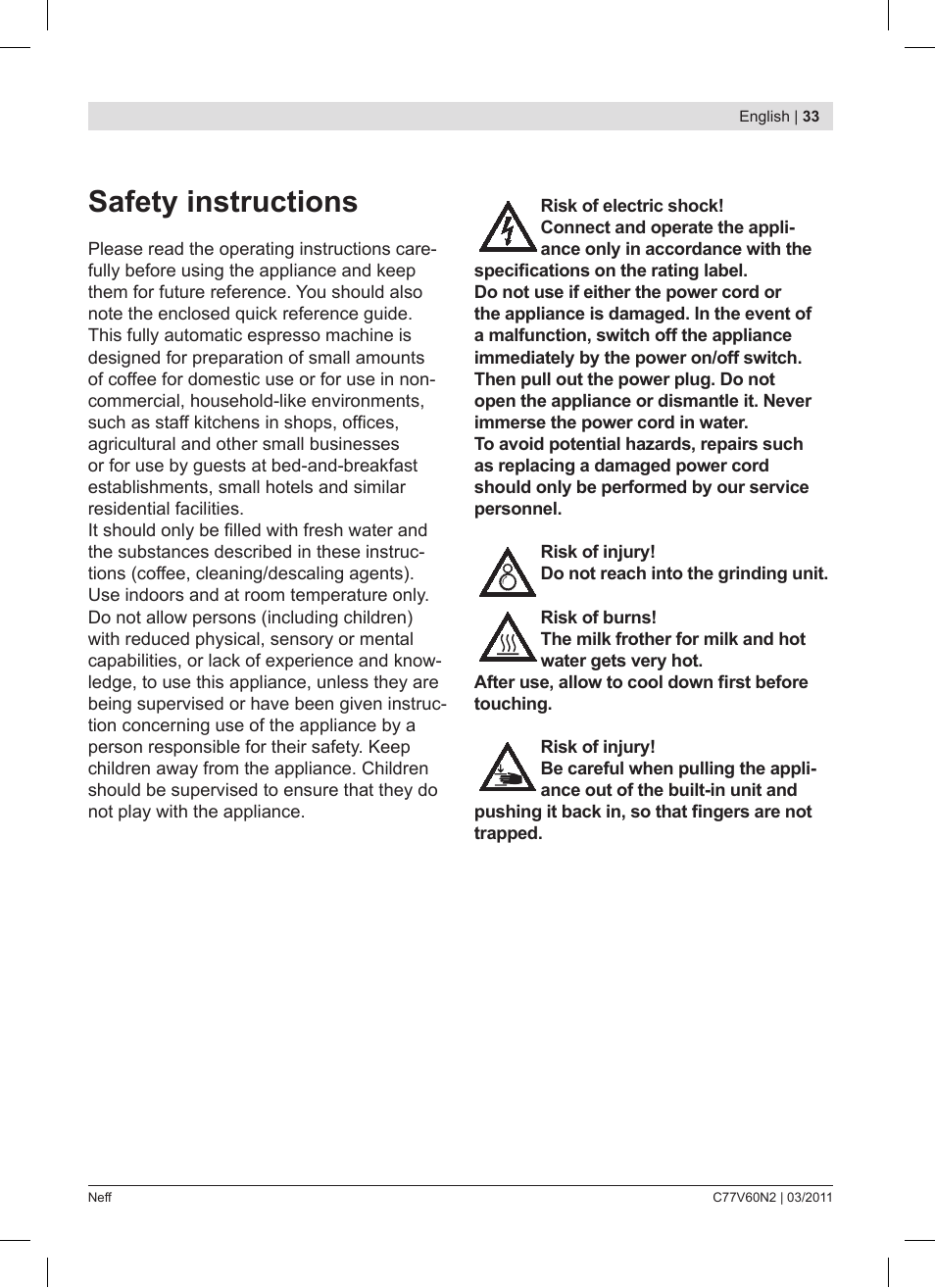 Safety instructions | Neff C77V60N2 User Manual | Page 33 / 86