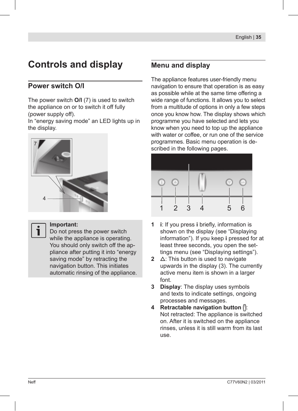 Controls and display, Power switch o/i, Menu and display | Neff C77V60N2 User Manual | Page 35 / 86