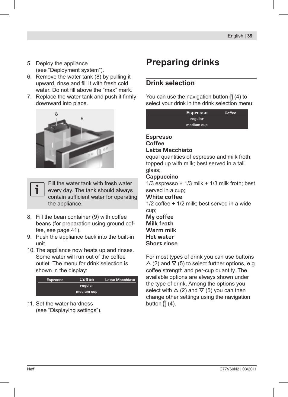 Preparing drinks, Drink selection | Neff C77V60N2 User Manual | Page 39 / 86