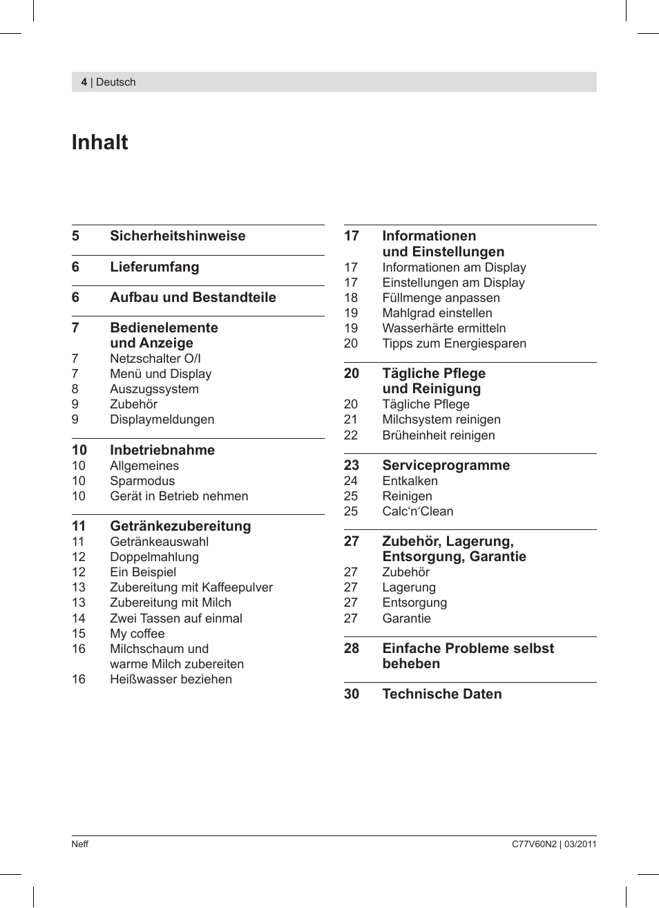 Inhalt | Neff C77V60N2 User Manual | Page 4 / 86