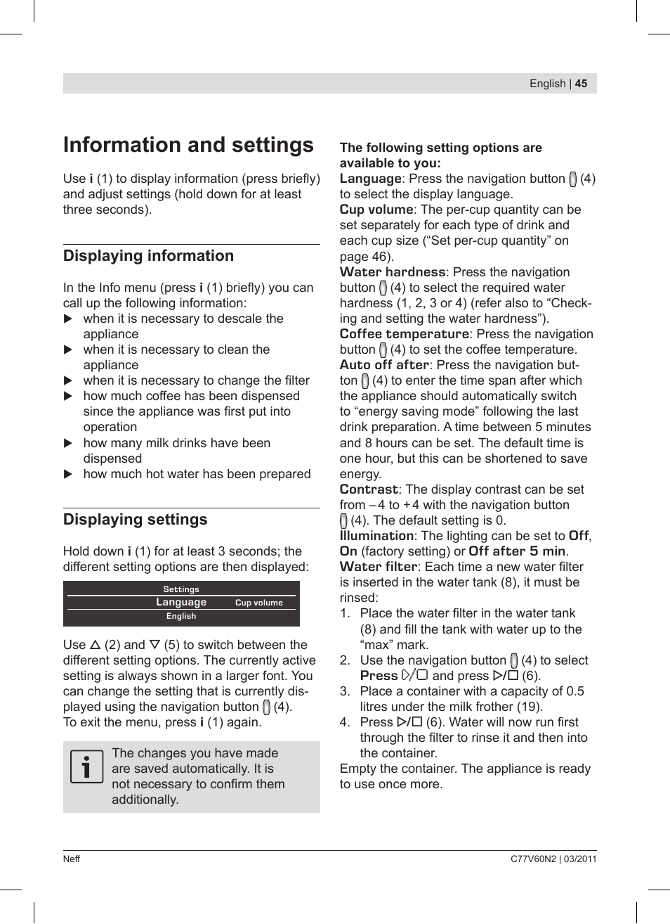 Information and settings, Displaying information, Displaying settings | Neff C77V60N2 User Manual | Page 45 / 86