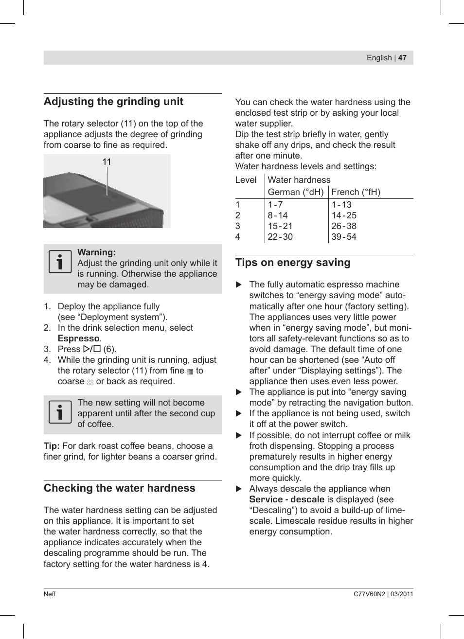 Adjusting the grinding unit, Checking the water hardness, Tips on energy saving | Neff C77V60N2 User Manual | Page 47 / 86